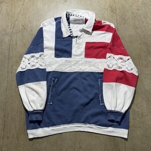 We The Free Polo Shirt Womens Large Red White Blue Lace Colorblock Patriotic